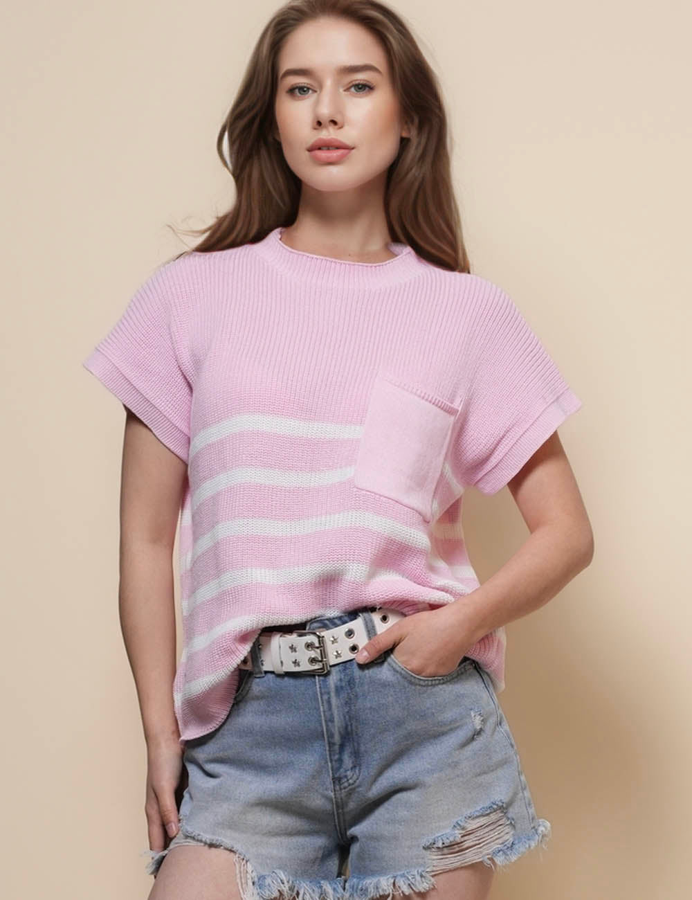 Ladies Color Block Stripe Knit Pullover Sweater SKT50157