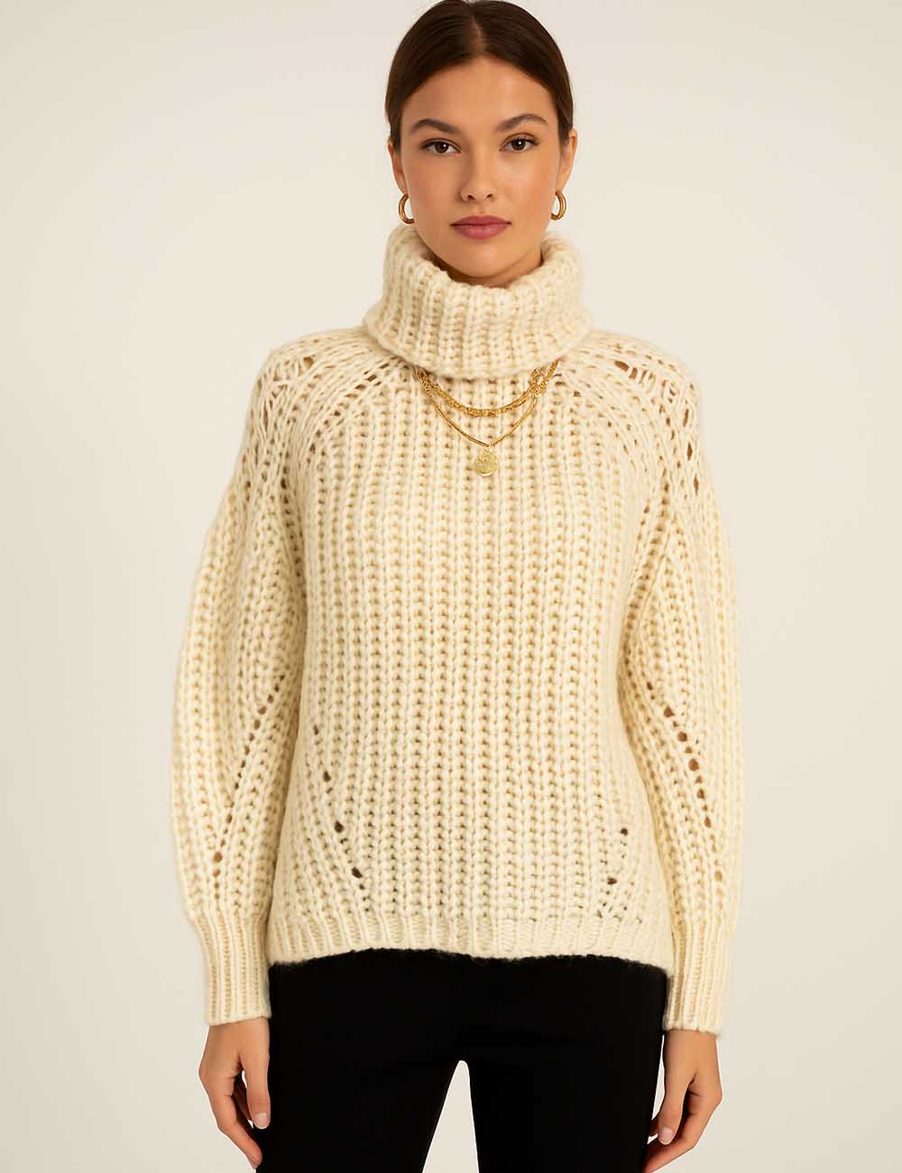 Ladies Chunky Knit Turtle Neck Eyelet Long Sleeves Sweater