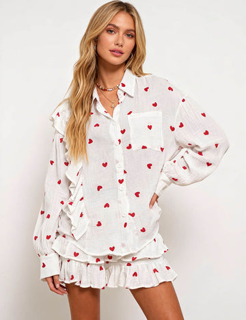 Ladies Valentine Shirt Collar Heart Top & Ruffle Shorts Set