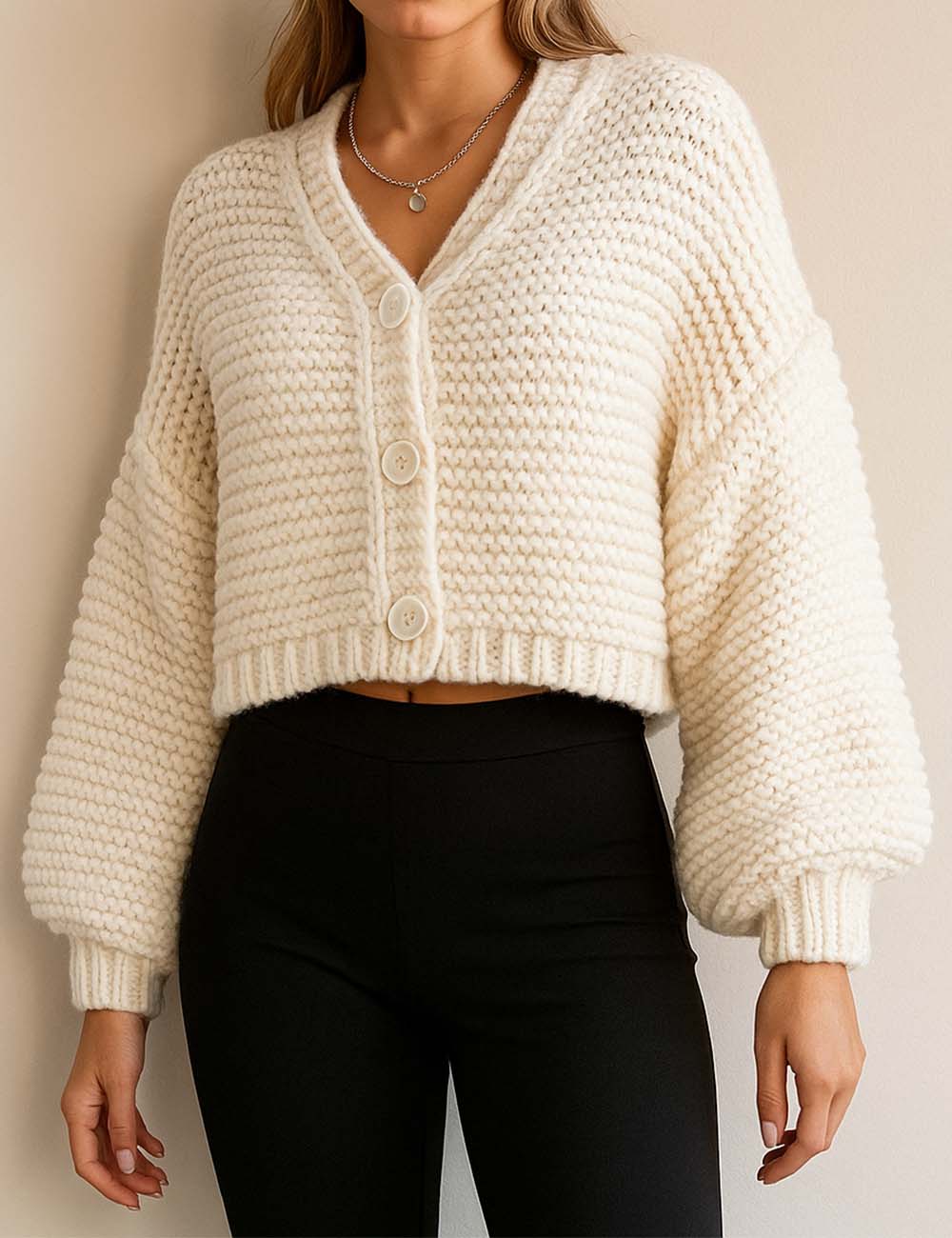 Ladies Chunky Knit Button Front Cropped Cardigan