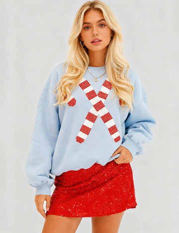 Ladies Christmas 2025 Candy Cane Sequin Pullover Sweatshirt
