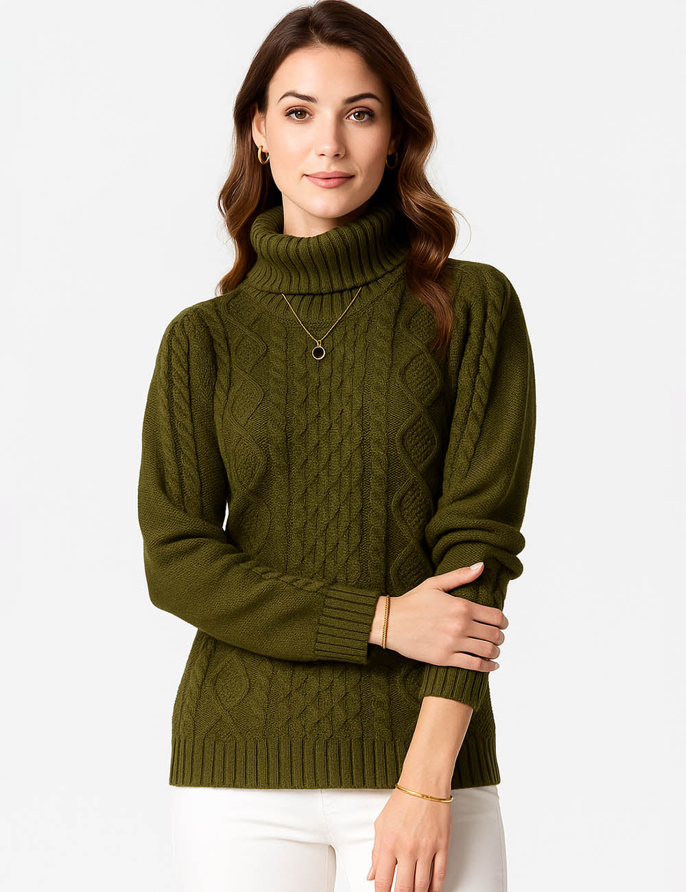 Ladies Turtle Neck Cable Knit Long Sleeves Sweater Top