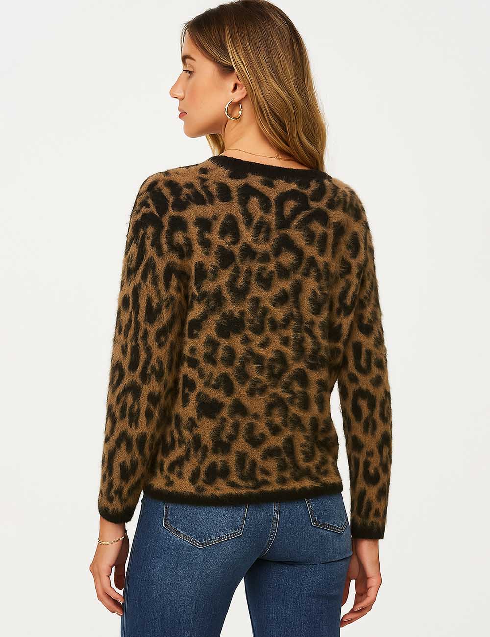 Ladies Leopard Pattern Round Neck Button Knit Cardigan