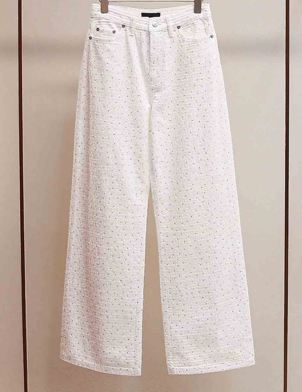 Ladies Rhinestone Straigh Leg White Denim Pants