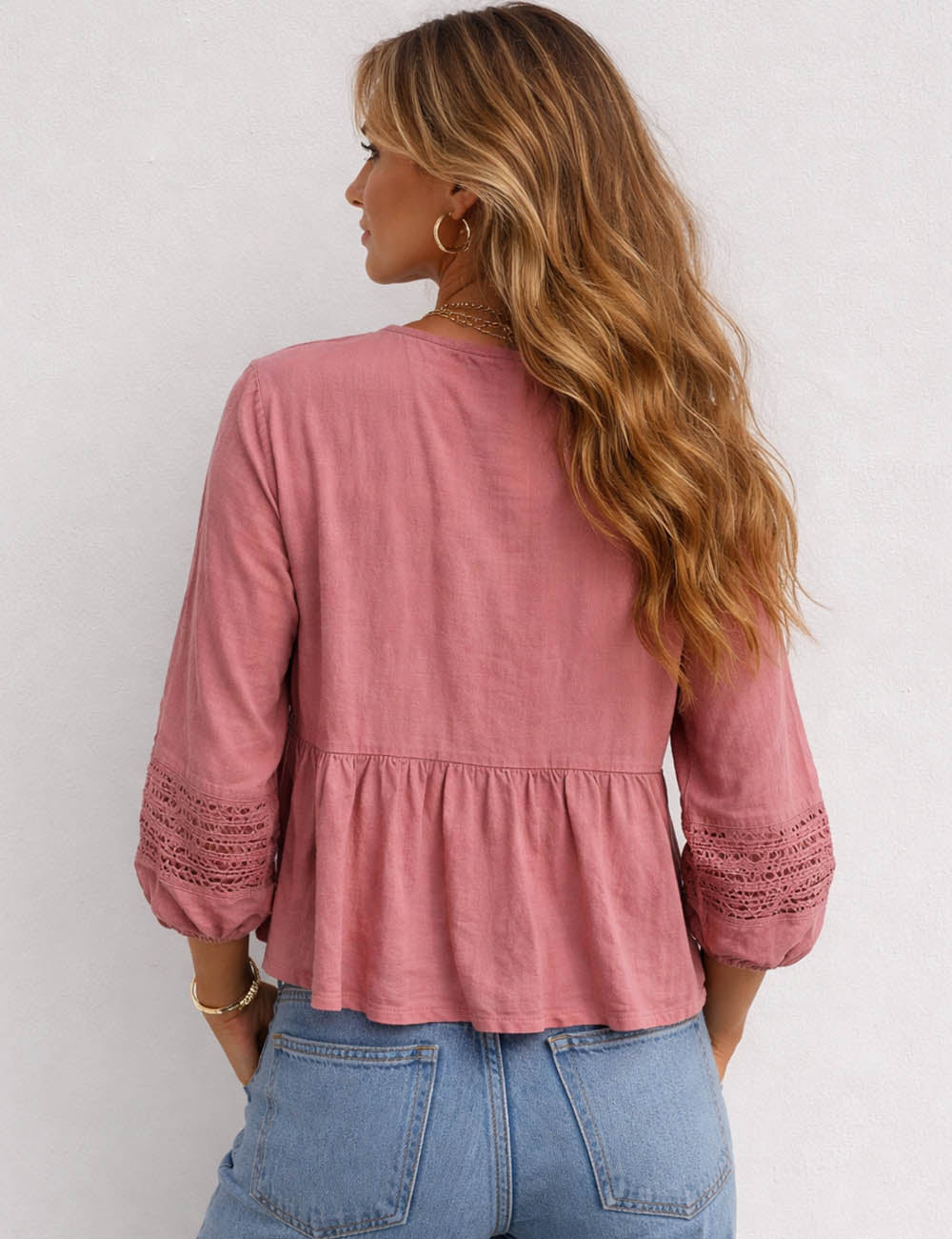 Ladies Embroidery Tie Neck Button Front Long Sleeves Blouse