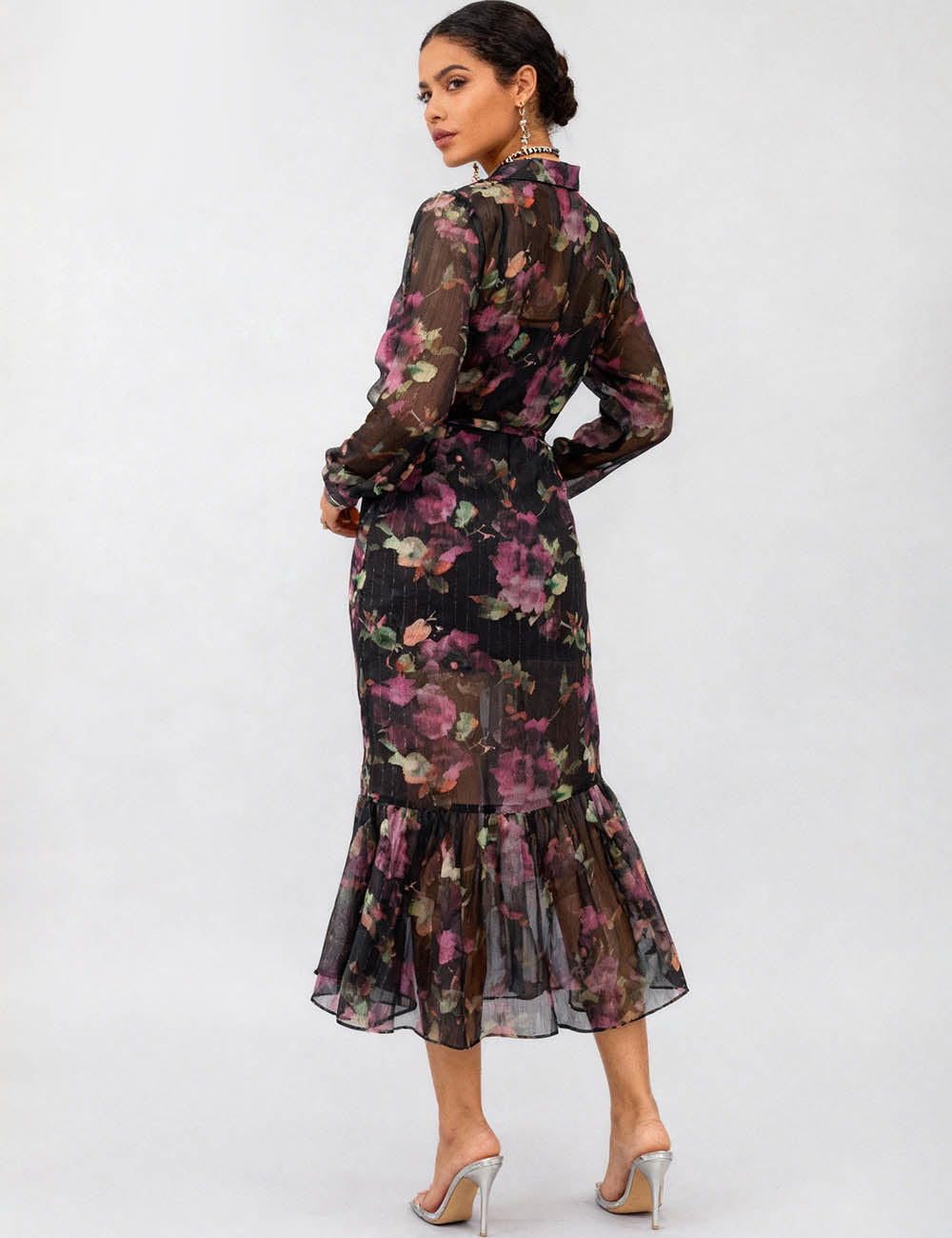 Ladies Floral Shirt Collar Ruffle Hem Chiffon Midi Dress