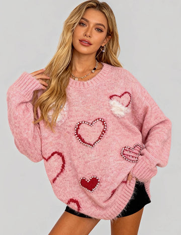 Ladies Valentine's Heart Rib Knit Trim Bead Pullover Sweater