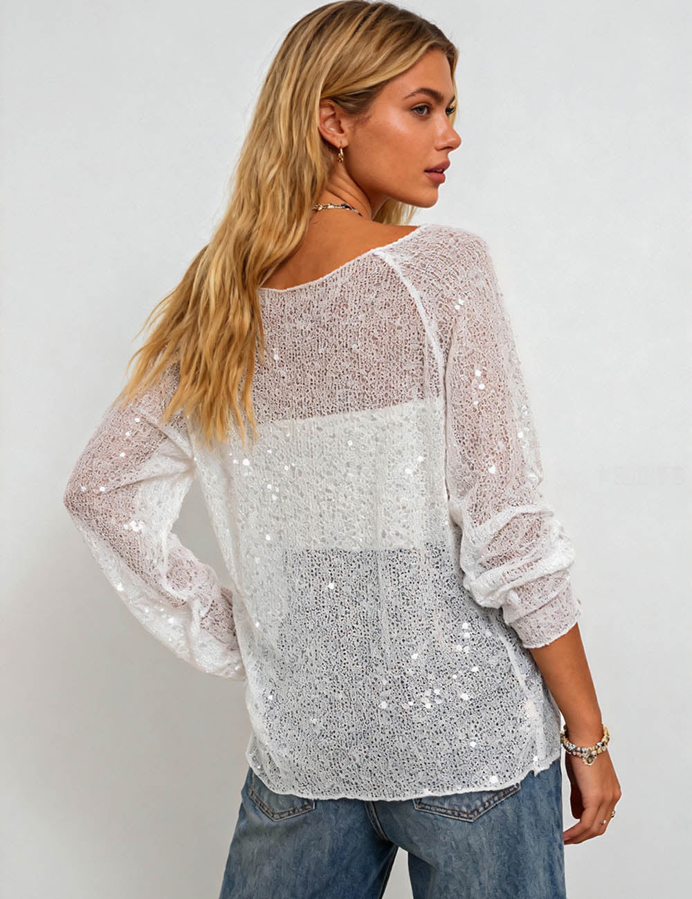 Ladies Shiny Sequin Sheer Round Neck Long Sleeves Top