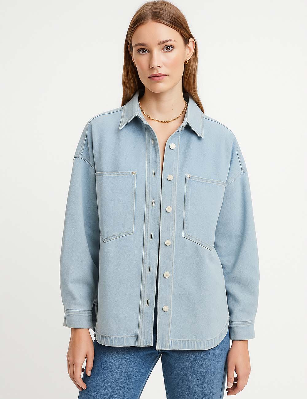 Ladies Botton-Up Pocket Denim Coat M2