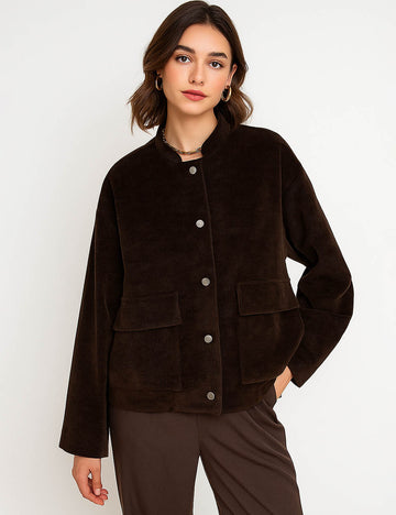 Ladies Corduroy Stand Collar Button Front Jacket