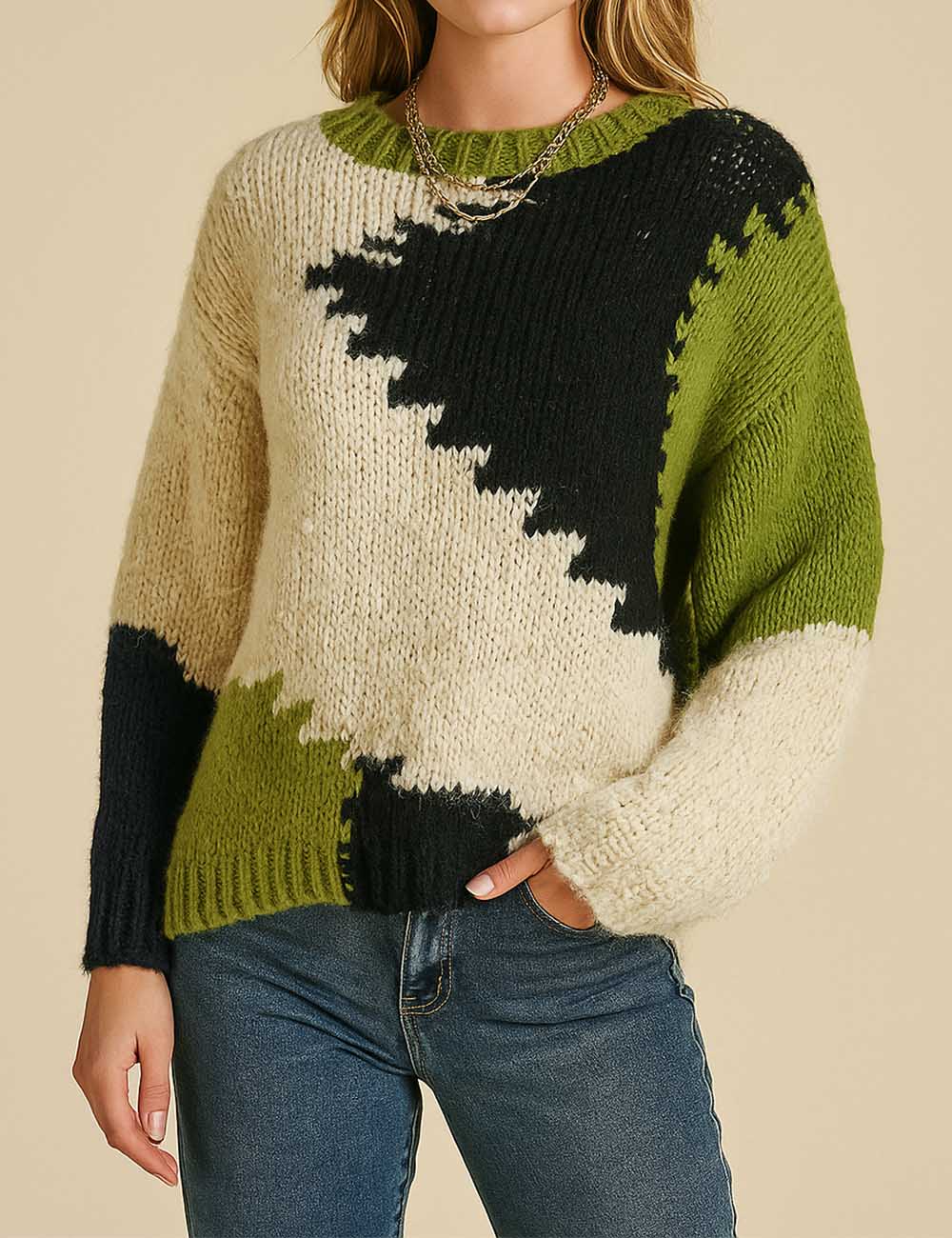 Ladies Abstract Geometric Round Neck Long Sleeves Sweater