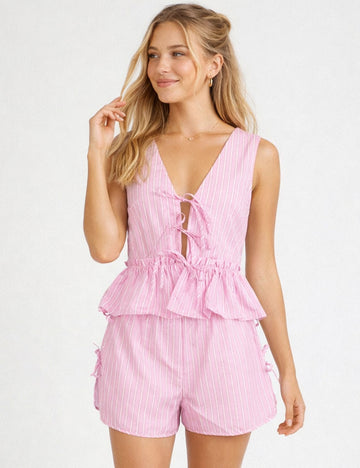 Ladies Bow Tie V-Neck Striped Top & Shorts Matching Set