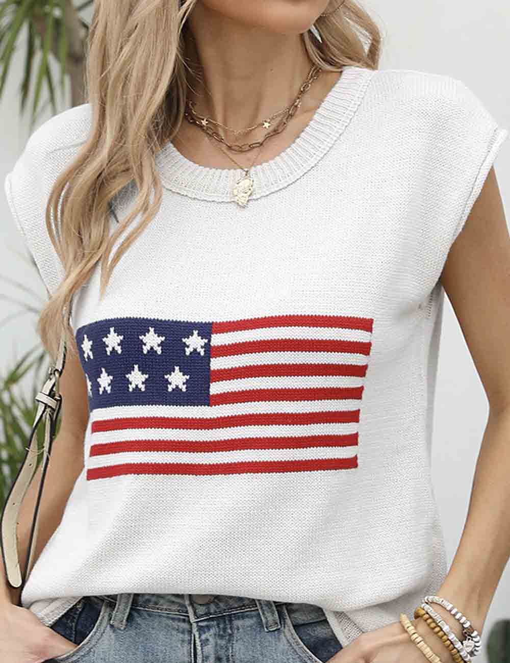 Ladies 4th of July American Flag Round Neck Sleeveless Knit Vest