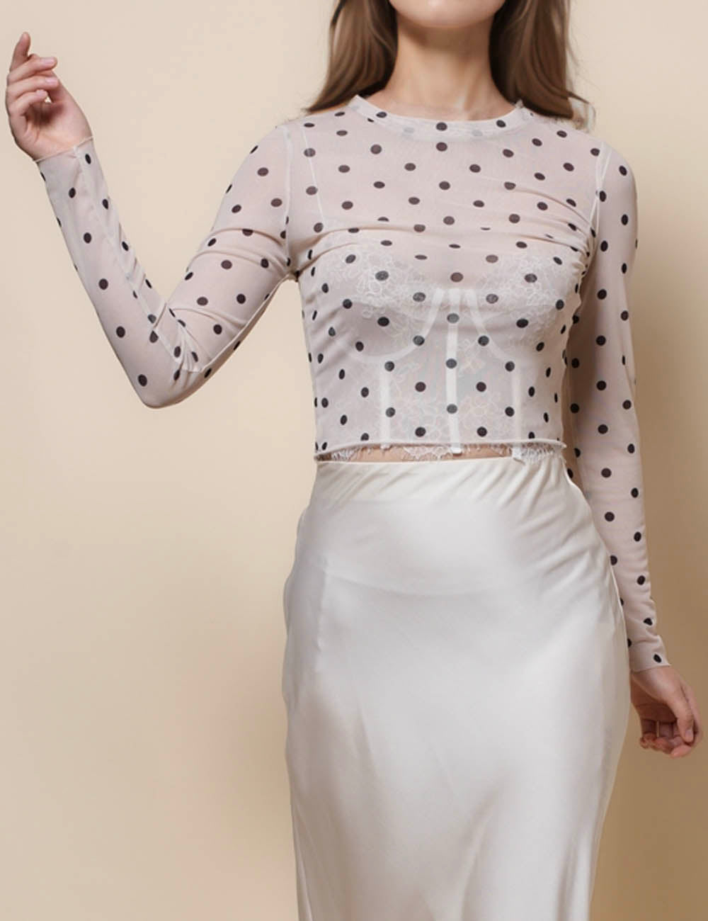 Ladies Round Neck See Sheer Polka Dot Layring Top SKT50700