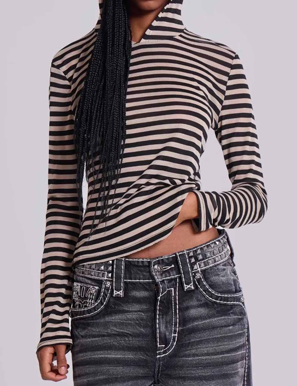 Ladies Hoodie Striped Long Sleeves Knit Layering Top