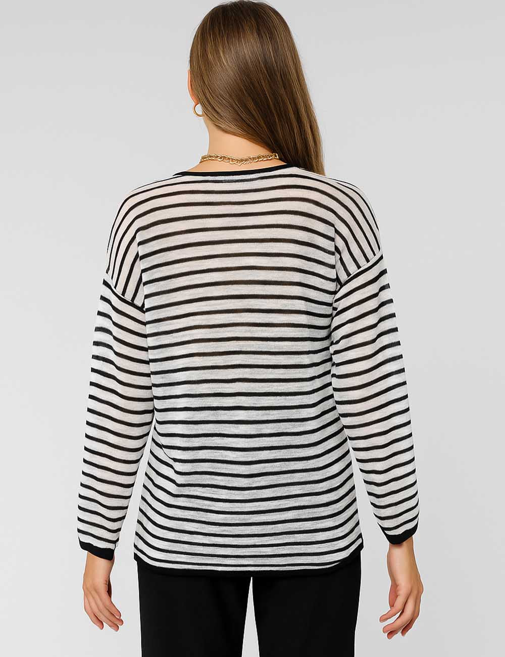 Ladies Striped Color Block String Tie Long Sleeves Blouse