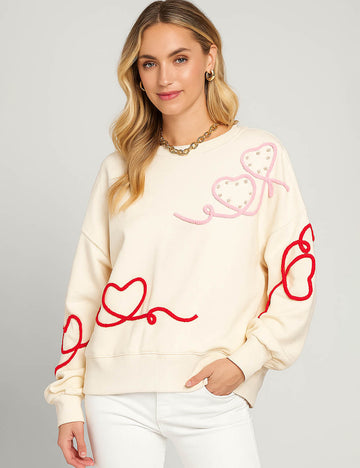 Ladies Valentine Top Heart  Line Embroidery Pearl Sweatshirt