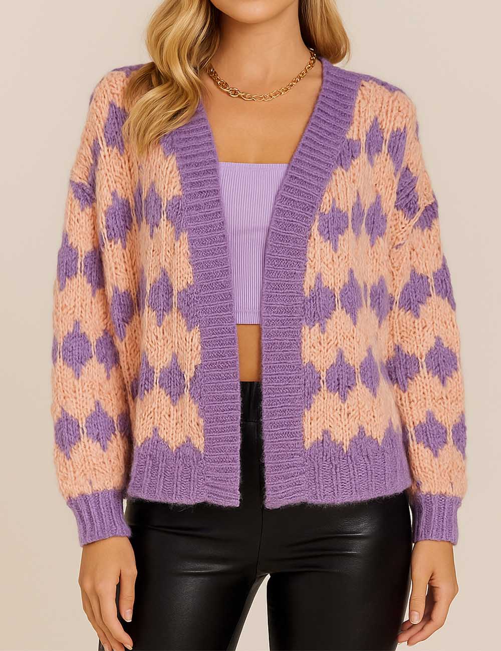 Ladies Chunky Knit Color Block V-Neck Front Open Cardigan