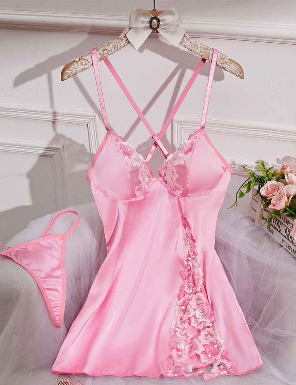 Ladies V-Neck Embroidery Backless Crossover Chemise Set
