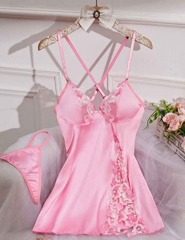 Ladies V-Neck Embroidery Backless Crossover Chemise Set