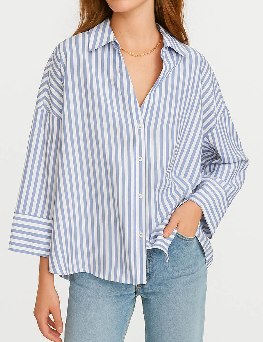 Ladies V-Neck Striped Button Down 3/4 Sleeves Blouse