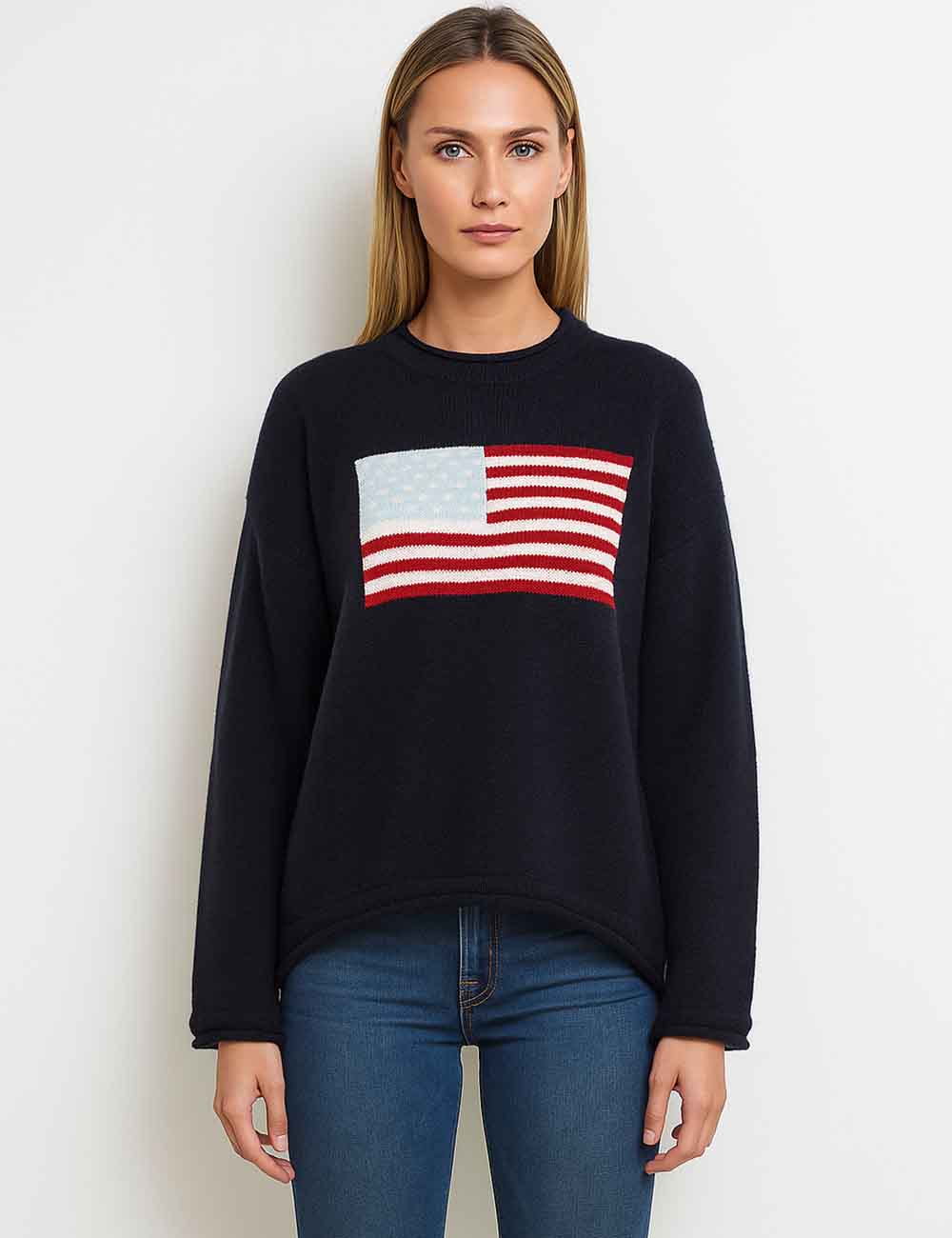 Ladies Round Neck Flag Pattern Long Sleeves Knit Sweater