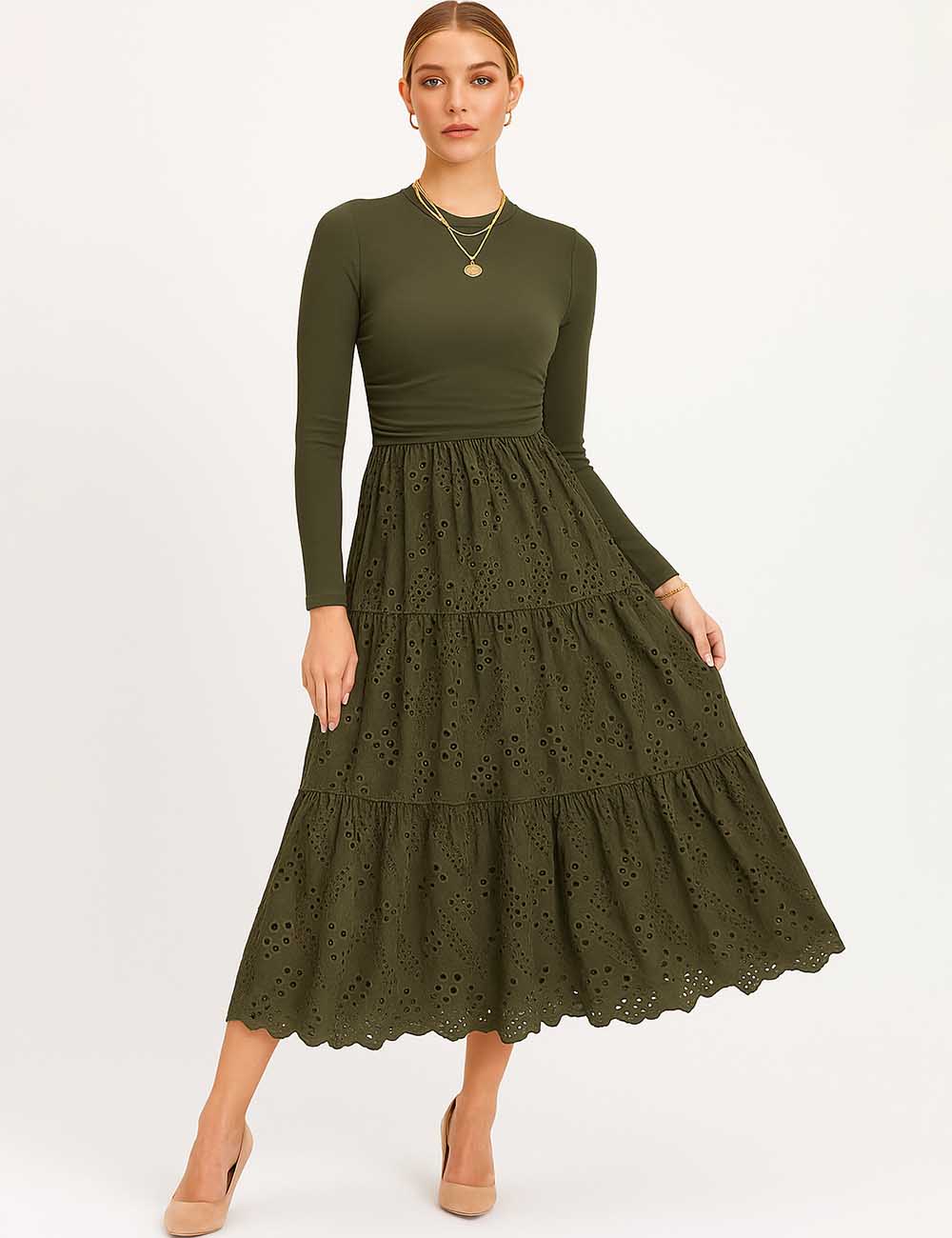 Ladies Mock Neck Eyelet Long Sleeves Midi Dress