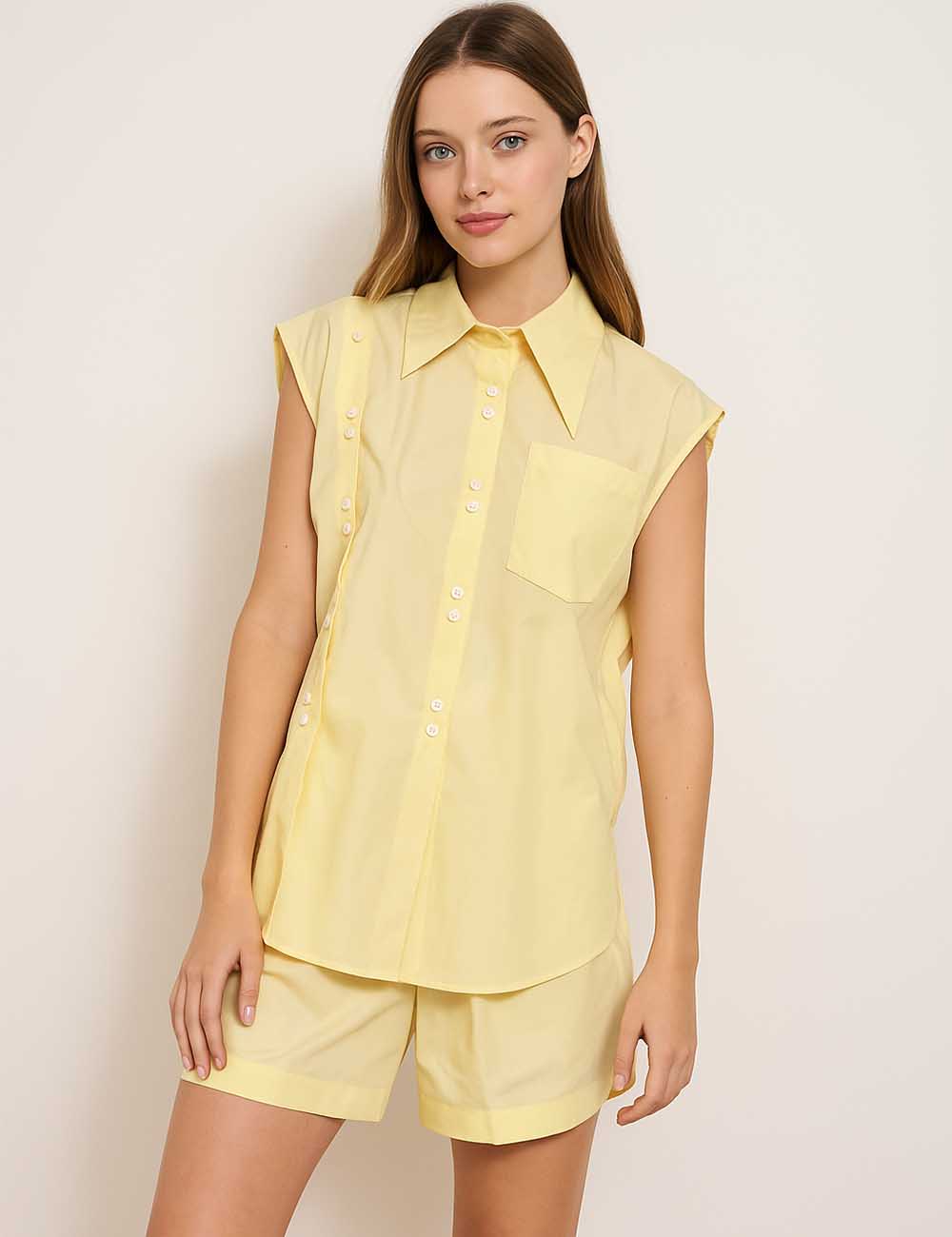 Ladies Button Down Sleeveless Wide Leg Shirt & Shorts Set