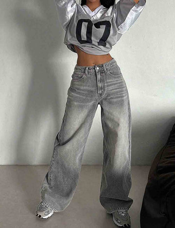 Ladies Button Pocket Wide Leg Denim Pants