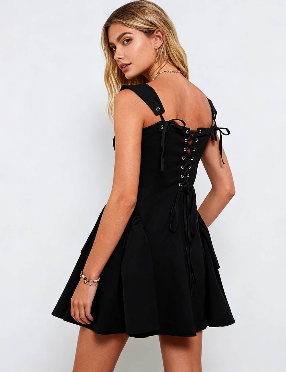 Ladies Chic Solid Color Bow Strap Puff Hem Mini Dress