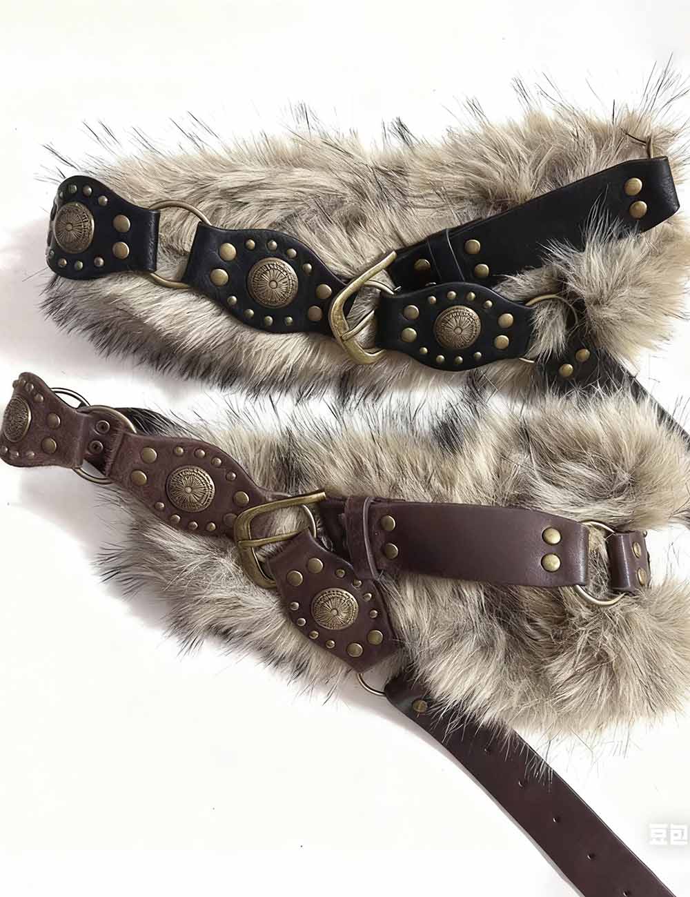 Ladies Fluffy Plush Studded Cincher Faux Fur Waist Belt