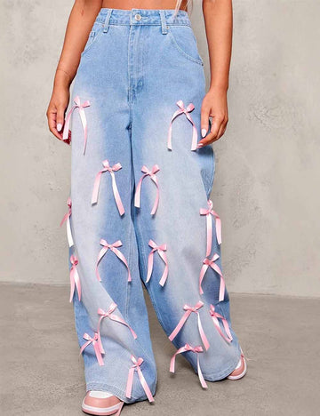 Ladies Color Block Bows Wide Leg Denim Pants