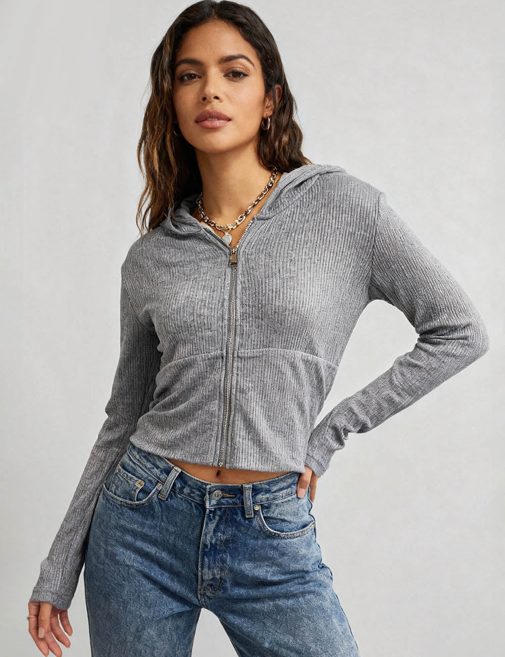 Ladies Solid Color Zip-Up Hoodie Rib Knit Sweatshirt Top