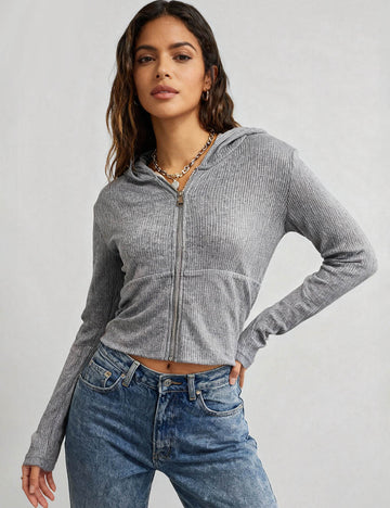 Ladies Solid Color Zip-Up Hoodie Rib Knit Sweatshirt Top