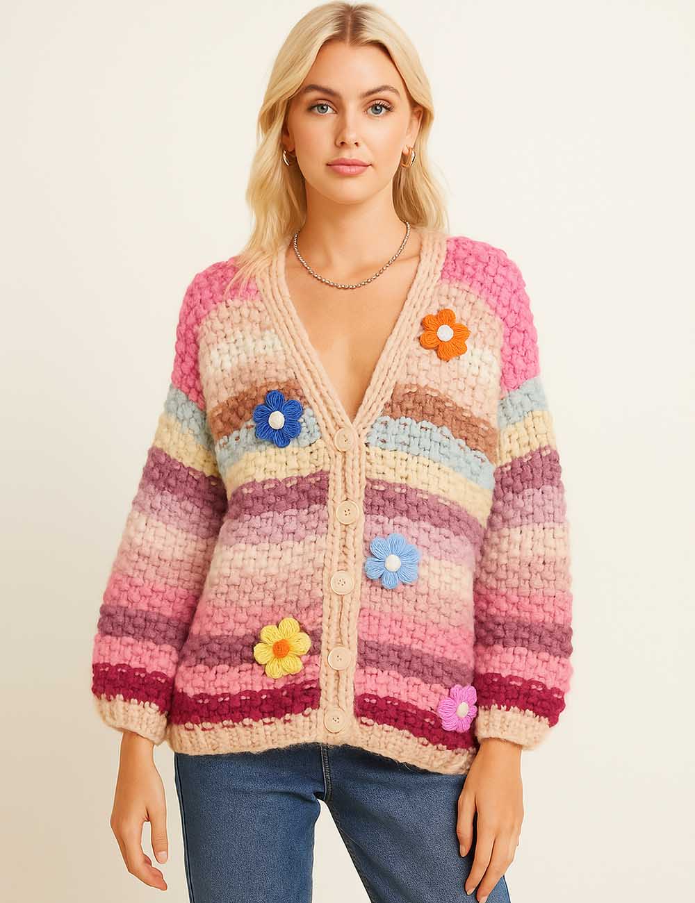 Ladies V-Neck Multicolor Striped Crochet Flower Knit Cardigan