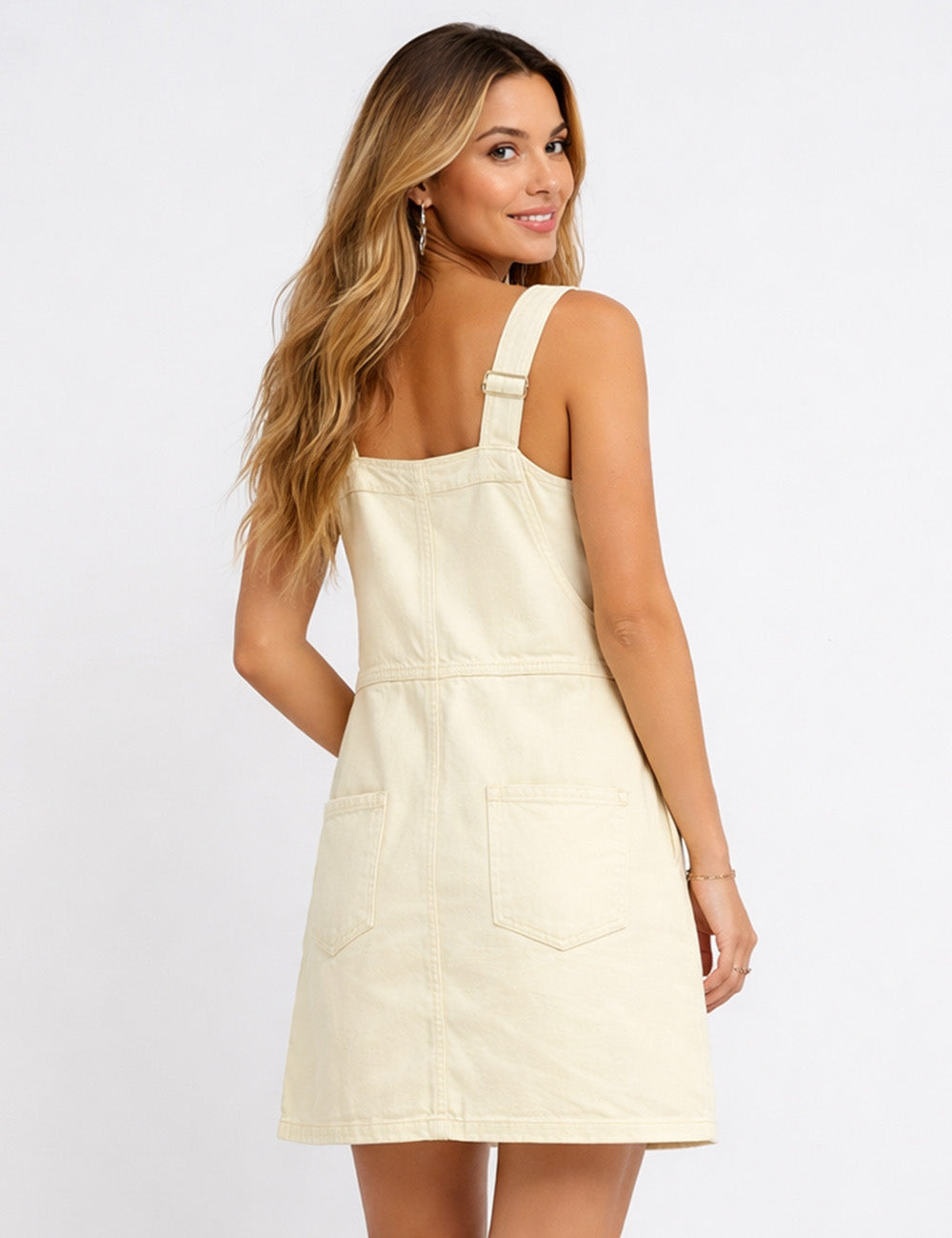 Ladies Strap Shoulder Solid Color Pocket Denim Mini Dress