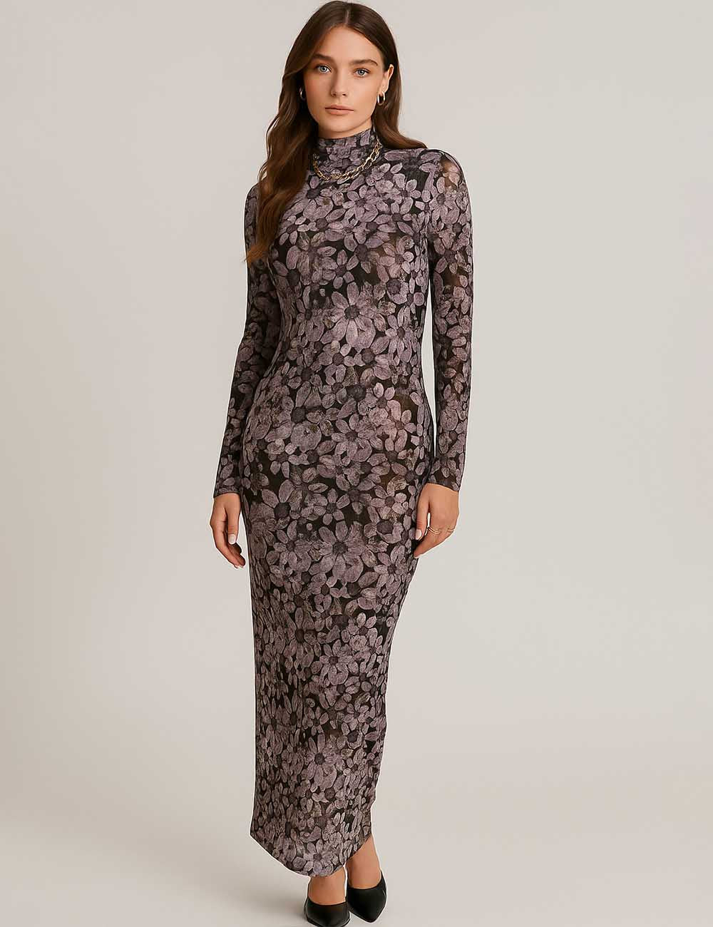 Women Floral Print Turtleneck Bodycon Maxi Dress