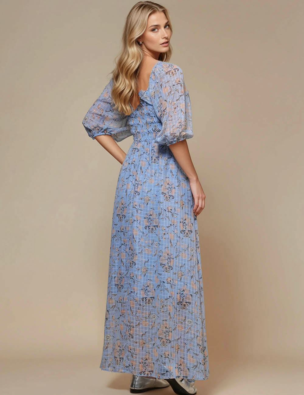 Ladies Square Neck Mid Sleeves Floral Midi Dress SKD50416
