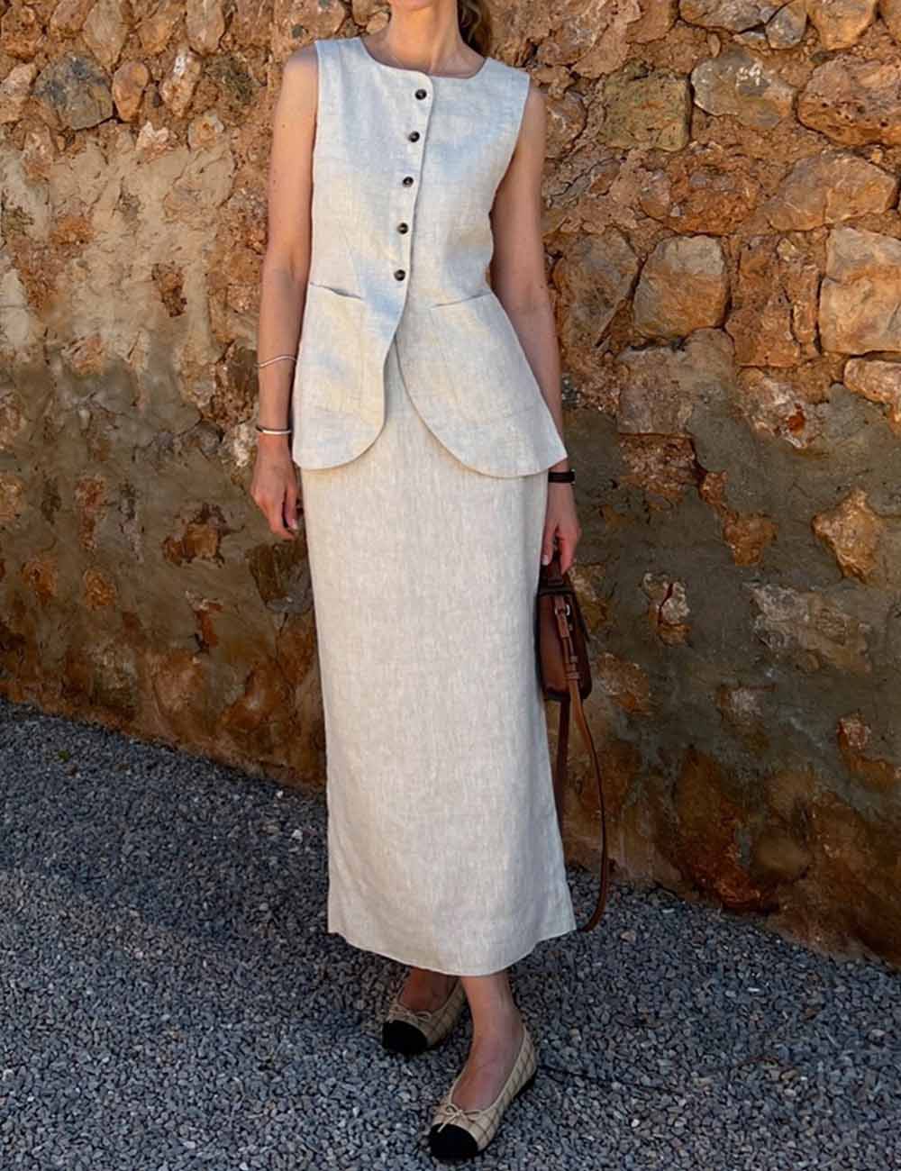 Ladies Solid Color Linen Blend Button Pocket Vest & Skirt Set 