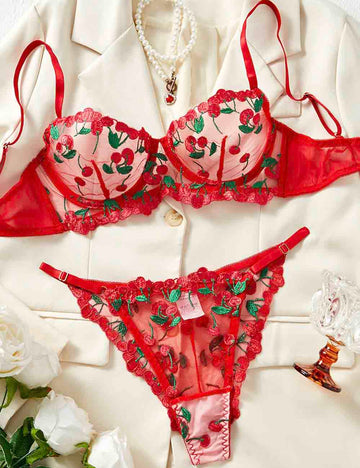 Ladies Cherry Embroidery See Through 2PCS Lingerie Set 8XX0038