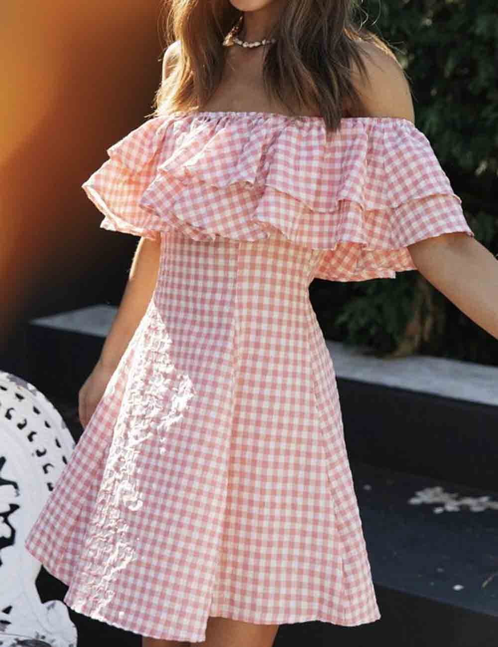 Ladies Off-Shoulder Plaid Print Pink Mini Dress SKD51288