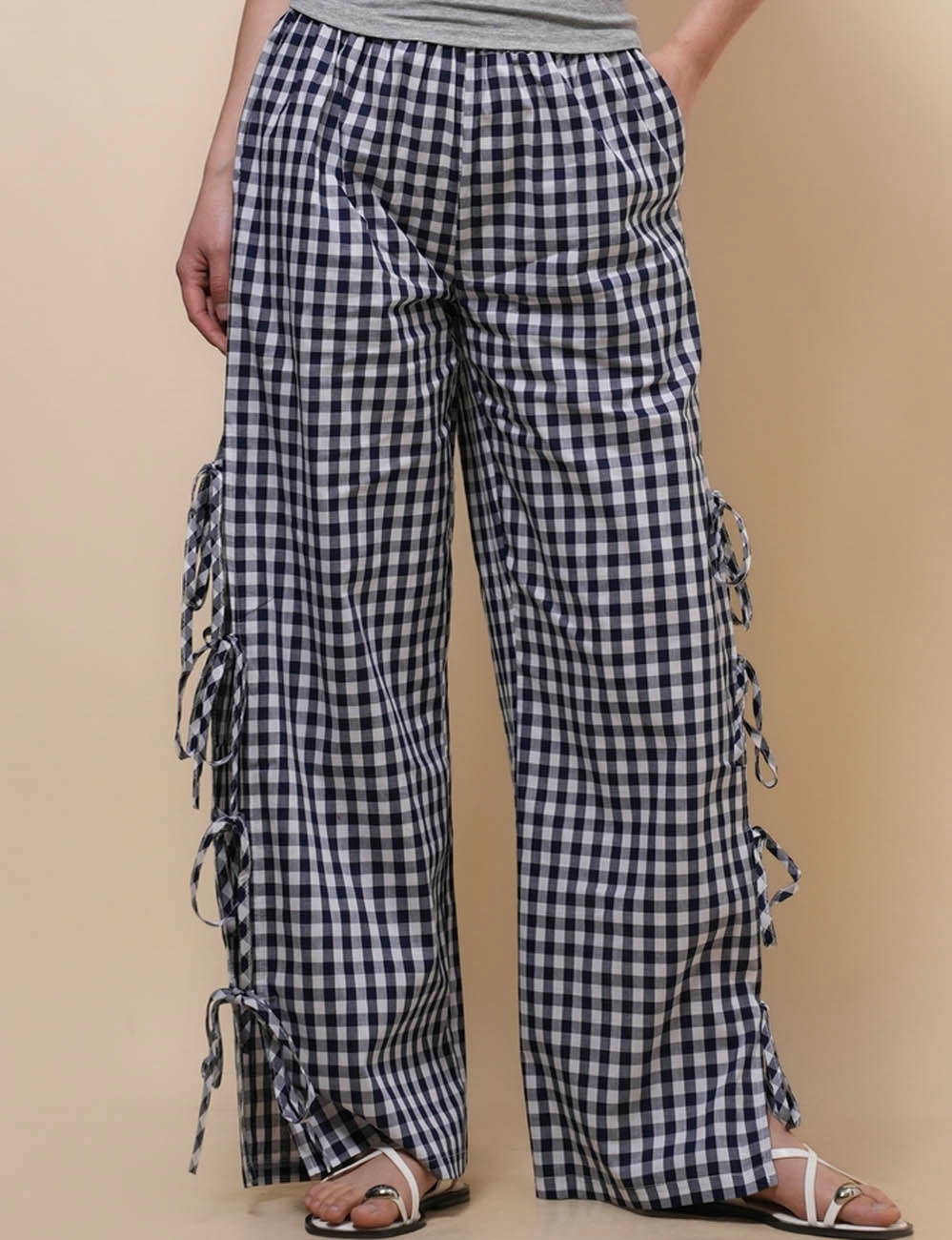 Ladies Checked Side String Tie Straight Leg Pants SKP51070