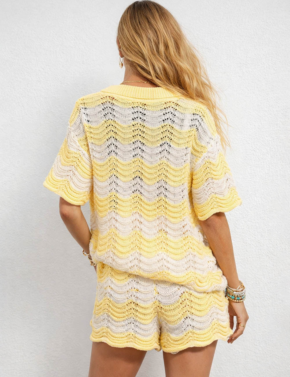 Ladies Wave Knit Polo Collar Top & Shorts 2PCS Matching Set