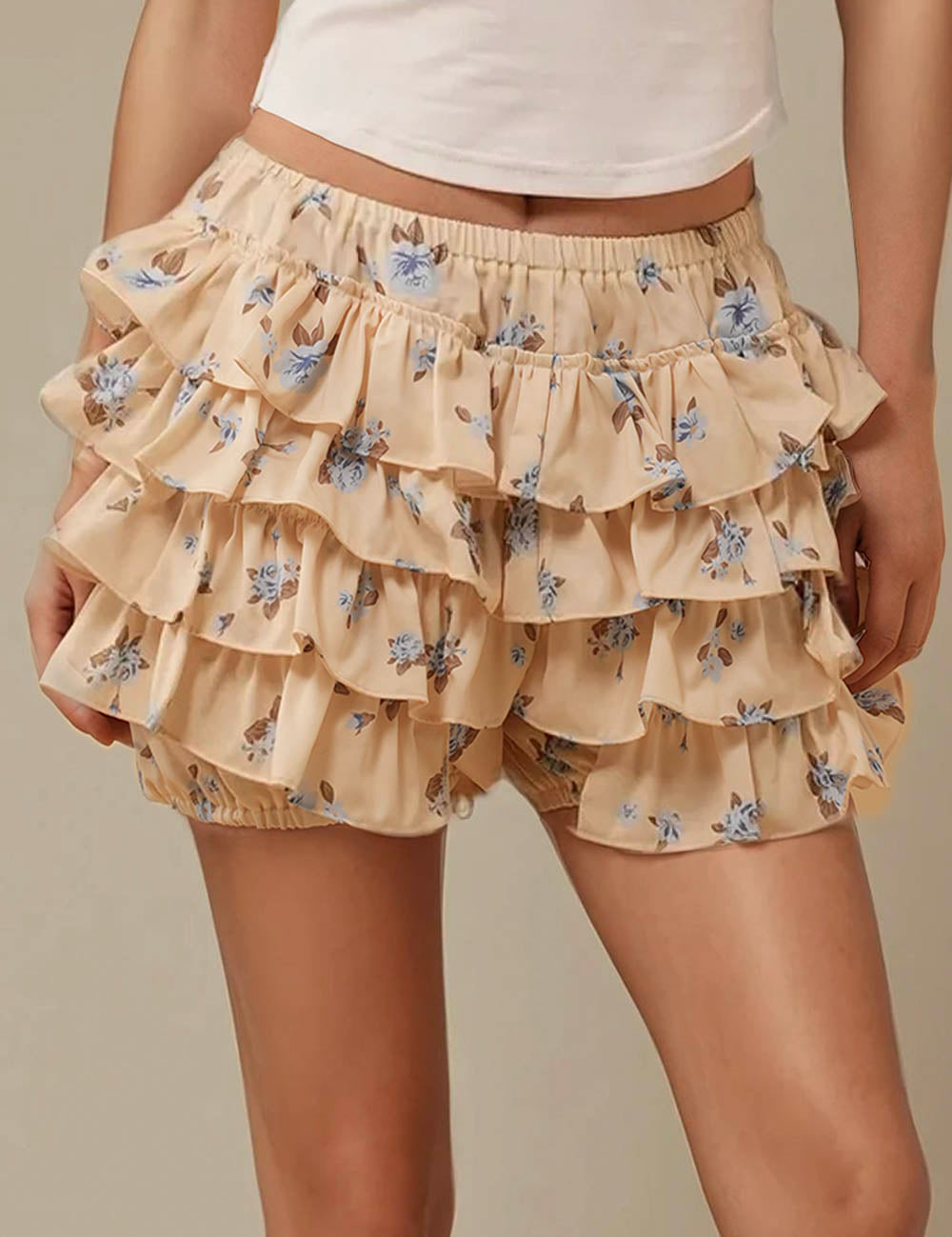 Ladies Elastic Waist Floral Print Ruffle Shorts SKS5K8