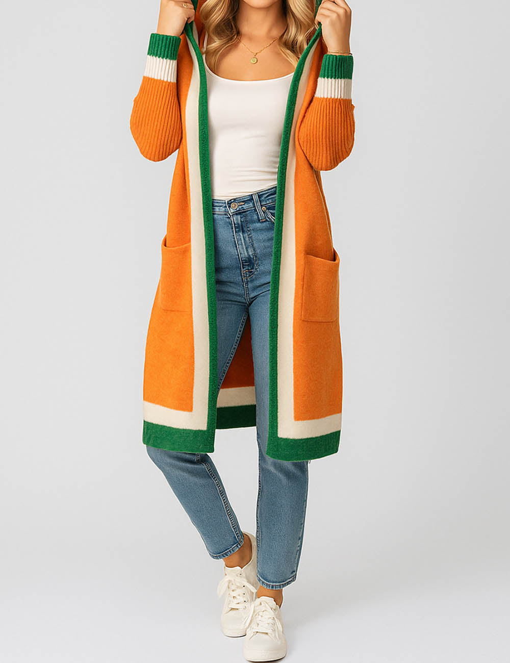 Ladies Hooded Collar Open Front Long Knit Cardigan