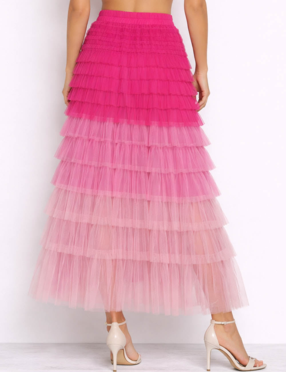 Ladies Chic Multicolor Tiered Ruffle Mesh Midi Skirt