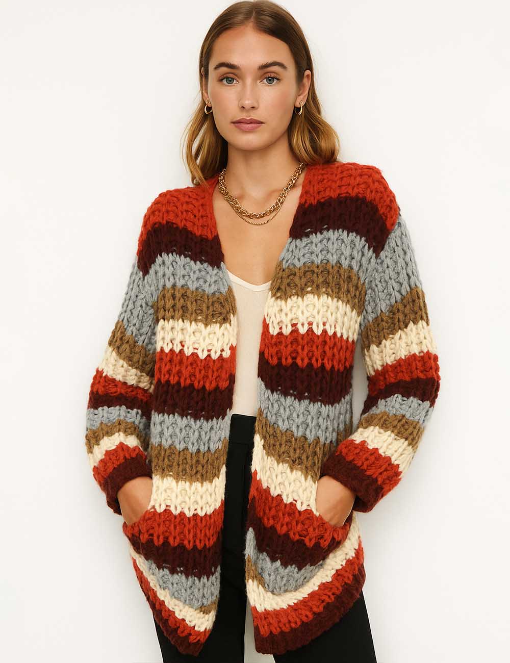 Ladies Chunky Knit Multi Color Striped Open Front Cardigan