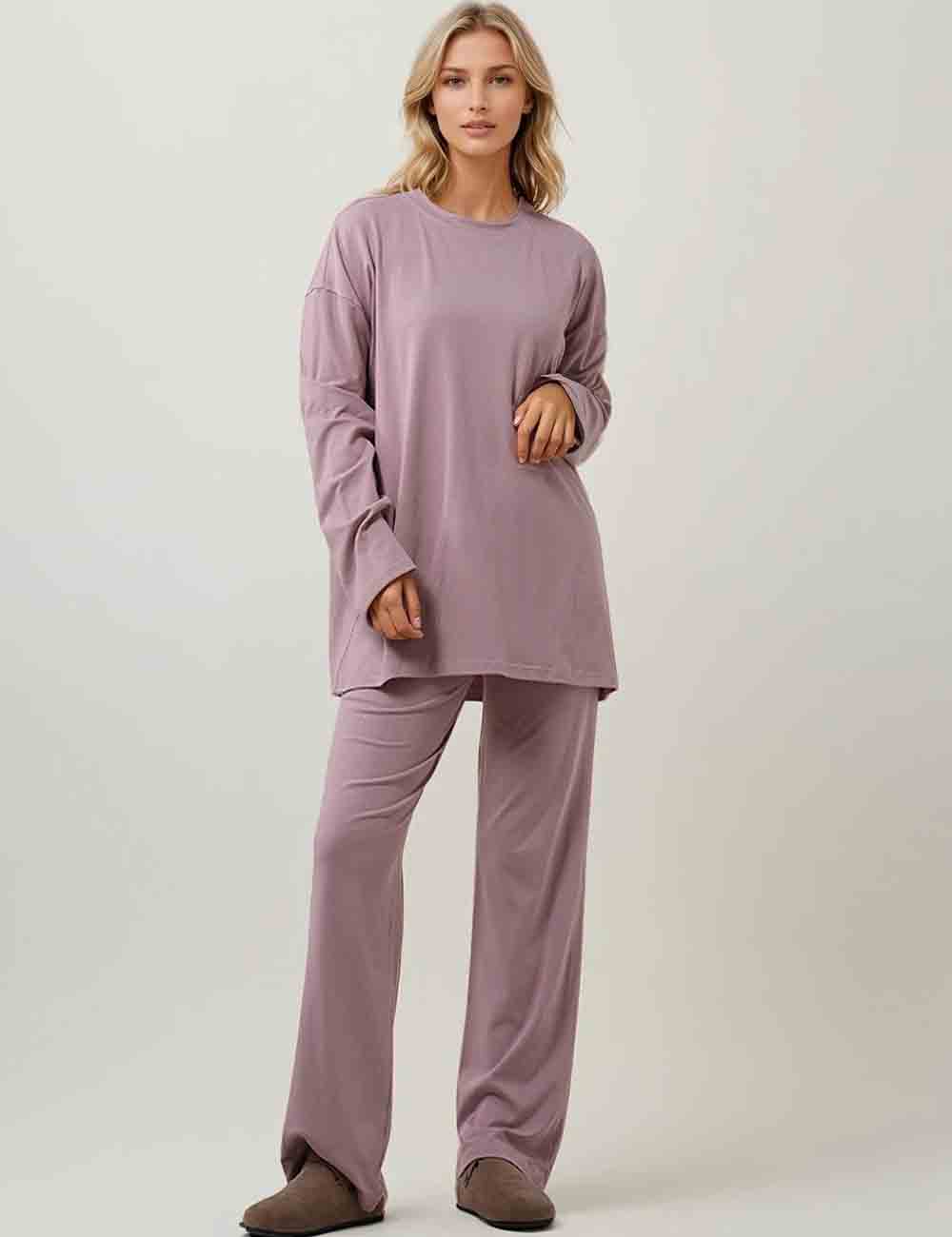 Ladies Round Neck Solid Color Long Sleeves Loungewear Set