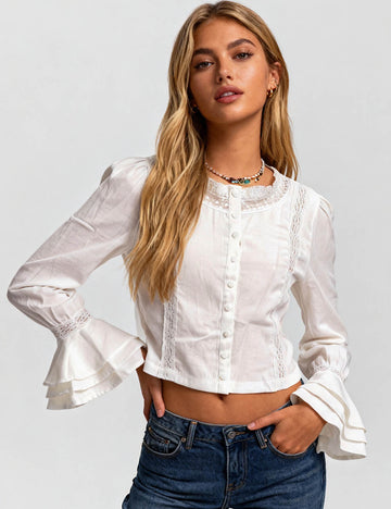 Ladies White Flared Sleeves LaceTrim Button Front Blouse