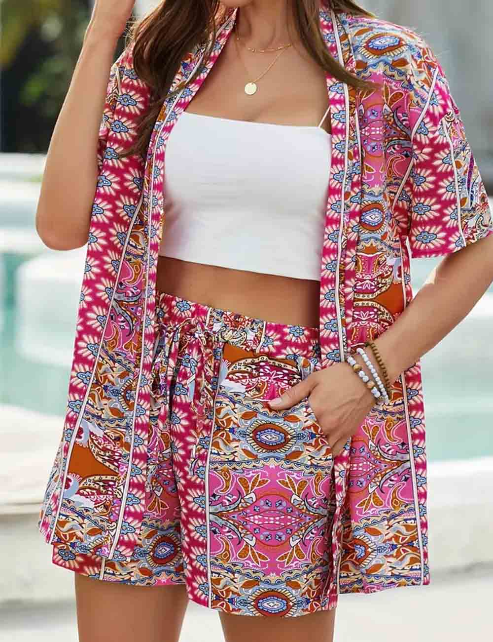 Ladies Boho 2PCS Short Sleeves Kimono Top & Shorts Set
